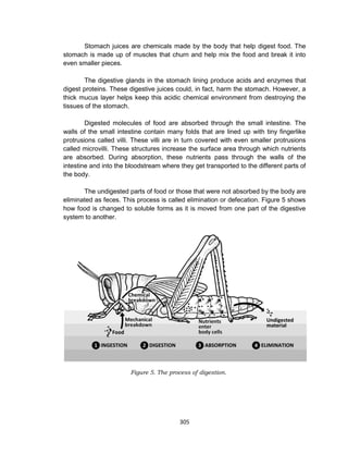 305
Stomach juices are chemicals made by the body that help digest food. The
stomach is made up of muscles that churn and help mix the food and break it into
even smaller pieces.
The digestive glands in the stomach lining produce acids and enzymes that
digest proteins. These digestive juices could, in fact, harm the stomach. However, a
thick mucus layer helps keep this acidic chemical environment from destroying the
tissues of the stomach.
Digested molecules of food are absorbed through the small intestine. The
walls of the small intestine contain many folds that are lined up with tiny fingerlike
protrusions called villi. These villi are in turn covered with even smaller protrusions
called microvilli. These structures increase the surface area through which nutrients
are absorbed. During absorption, these nutrients pass through the walls of the
intestine and into the bloodstream where they get transported to the different parts of
the body.
The undigested parts of food or those that were not absorbed by the body are
eliminated as feces. This process is called elimination or defecation. Figure 5 shows
how food is changed to soluble forms as it is moved from one part of the digestive
system to another.
Figure 5. The process of digestion.
 