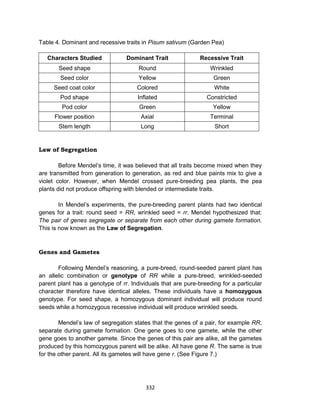 332
Table 4. Dominant and recessive traits in Pisum sativum (Garden Pea)
Characters Studied Dominant Trait Recessive Trait
Seed shape Round Wrinkled
Seed color Yellow Green
Seed coat color Colored White
Pod shape Inflated Constricted
Pod color Green Yellow
Flower position Axial Terminal
Stem length Long Short
Law of Segregation
Before Mendel’s time, it was believed that all traits become mixed when they
are transmitted from generation to generation, as red and blue paints mix to give a
violet color. However, when Mendel crossed pure-breeding pea plants, the pea
plants did not produce offspring with blended or intermediate traits.
In Mendel’s experiments, the pure-breeding parent plants had two identical
genes for a trait: round seed = RR, wrinkled seed = rr. Mendel hypothesized that:
The pair of genes segregate or separate from each other during gamete formation.
This is now known as the Law of Segregation.
Genes and Gametes
Following Mendel’s reasoning, a pure-breed, round-seeded parent plant has
an allelic combination or genotype of RR while a pure-breed, wrinkled-seeded
parent plant has a genotype of rr. Individuals that are pure-breeding for a particular
character therefore have identical alleles. These individuals have a homozygous
genotype. For seed shape, a homozygous dominant individual will produce round
seeds while a homozygous recessive individual will produce wrinkled seeds.
Mendel’s law of segregation states that the genes of a pair, for example RR,
separate during gamete formation. One gene goes to one gamete, while the other
gene goes to another gamete. Since the genes of this pair are alike, all the gametes
produced by this homozygous parent will be alike. All have gene R. The same is true
for the other parent. All its gametes will have gene r. (See Figure 7.)
 