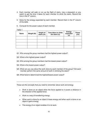 35
4. Each member will walk or run up the flight of stairs. Use a stopwatch or any
watch to get the time it takes for each member to climb the stairs. Record the
time in the 4th
column.
5. Solve for the energy expended by each member. Record them in the 5th
column
of the table.
6. Compute for the power output of each member.
Table 1
Name Weight (N)
Height of
stairs (m)
Time taken to climb
the stairs (s)
Energy
expended
(J)
Power
(J/s)
Q1. Who among the group members had the highest power output?
Q2. What is the highest power output?
Q3. Who among the group members had the lowest power output?
Q4. What is the lowest power output?
Q5. What can you say about the work done by each member of the group? Did each
member perform the same amount of work in climbing the stairs?
Q6. What factor/s determined the highest/lowest power output?
These are the concepts that you need to remember about work and energy:
 Work is done on an object when the force applied to it covers a distance in
the direction of the applied force.
 Work is a way of transferring energy.
 When work is done by an object it loses energy and when work is done on an
object it gains energy.
 The energy of an object enables it to do work.
 
