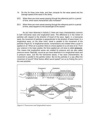 77
14. Do this for three more trials, and then compute for the wave speed and the
average speed of the wave in the slinky.
Q12. When there are more waves passing through the reference point in a period
of time, which wave characteristic also increases?
Q13. When there are more waves passing through the reference point in a period
of time, what happens to the wavelength of the waves?
As you have observed in Activity 2, there are many characteristics common
to both transverse wave and longitudinal wave. The difference is in the motion of
particles with respect to the direction of travel of the wave. Again, in a transverse
wave, the movement of particles is perpendicular to the direction of wave travel. In a
longitudinal wave, on the other hand, travel is parallel to the movement of the
particles (Figure 8). In longitudinal waves, compressions are created when a push is
applied on air. When air is pushed, there is a force applied on a unit area of air. From
your science in the lower grades, the force applied per unit area is called pressure.
This means that longitudinal waves are created by pressure and are also called
pressure waves. Basically, sound as you have observed it is a longitudinal wave and
a pressure wave. Just like the transverse waves, it has wave characteristics. Its
movement is parallel to the particle motion. But do the particles in a way affect the
movement of sound? What factors affect sound speed? Let us try finding this out in
the next activities.
Figure 8. Transverse and longitudinal waves
 