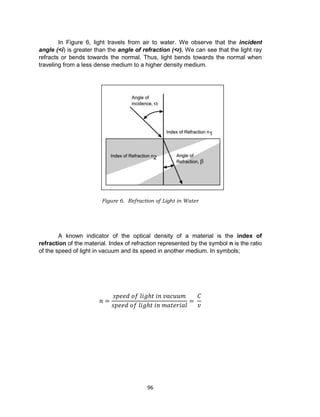 96
In Figure 6, light travels from air to water. We observe that the incident
angle (<i) is greater than the angle of refraction (<r). We can see that the light ray
refracts or bends towards the normal. Thus, light bends towards the normal when
traveling from a less dense medium to a higher density medium.
A known indicator of the optical density of a material is the index of
refraction of the material. Index of refraction represented by the symbol n is the ratio
of the speed of light in vacuum and its speed in another medium. In symbols;
𝑛 =
𝑠𝑝𝑒𝑒𝑑 𝑜𝑓 𝑙𝑖𝑔ℎ𝑡 𝑖𝑛 𝑣𝑎𝑐𝑢𝑢𝑚
𝑠𝑝𝑒𝑒𝑑 𝑜𝑓 𝑙𝑖𝑔ℎ𝑡 𝑖𝑛 𝑚𝑎𝑡𝑒𝑟𝑖𝑎𝑙
=
𝐶
𝑣
Figure 6. Refraction of Light in Water
 
