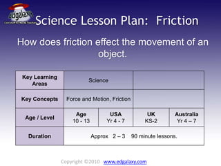 Science Lesson Plan: Friction
How does friction effect the movement of an
object.
Key Learning
Areas
Science
Key Concepts Force and Motion, Friction
Age / Level
Age
10 - 13
USA
Yr 4 - 7
UK
KS-2
Australia
Yr 4 – 7
Duration Approx 2 – 3 90 minute lessons.
Copyright ©2010 www.edgalaxy.com
 
