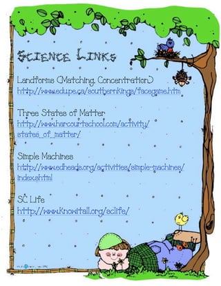 Science Links
Landforms (Matching, Concentration)
http://www.edu.pe.ca/southernkings/facegame.htm
Three States of Matter
http://www.harcourtschool.com/activity/
states_of_matter/
Simple Machines
http://www.edheads.org/activities/simple-machines/
index.shtml
SC Life
http://www.knowitall.org/sclife/
 