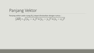 Panjang Vektor
Panjang vektor pada ruang (R3) dapat dinotasikan dengan rumus :
𝐴𝐵 = (𝑥2 − 𝑥1)2+(𝑦2 − 𝑦1)2+(𝑧2 − 𝑧1)2
 
