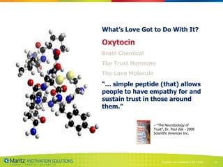 What’s Love Got to Do With It?

Oxytocin
Brain Chemical
The Trust Hormone
The Love Molecule
“… simple peptide (that) allows
people to have empathy for and
sustain trust in those around
them.”

                    – “The Neurobiology of
                    Trust”, Dr. Paul Zak - 2008
                    Scientific American Inc.




                         Proprietary and Confidential © 2013 Maritz   18
 