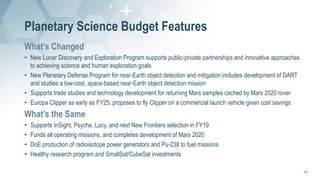 Planetary Science Budget Features
What’s Changed
• New Lunar Discovery and Exploration Program supports public-private par...