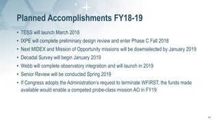 Planned Accomplishments FY18-19
• TESS will launch March 2018
IXPE will complete preliminary design review and enter Phase...