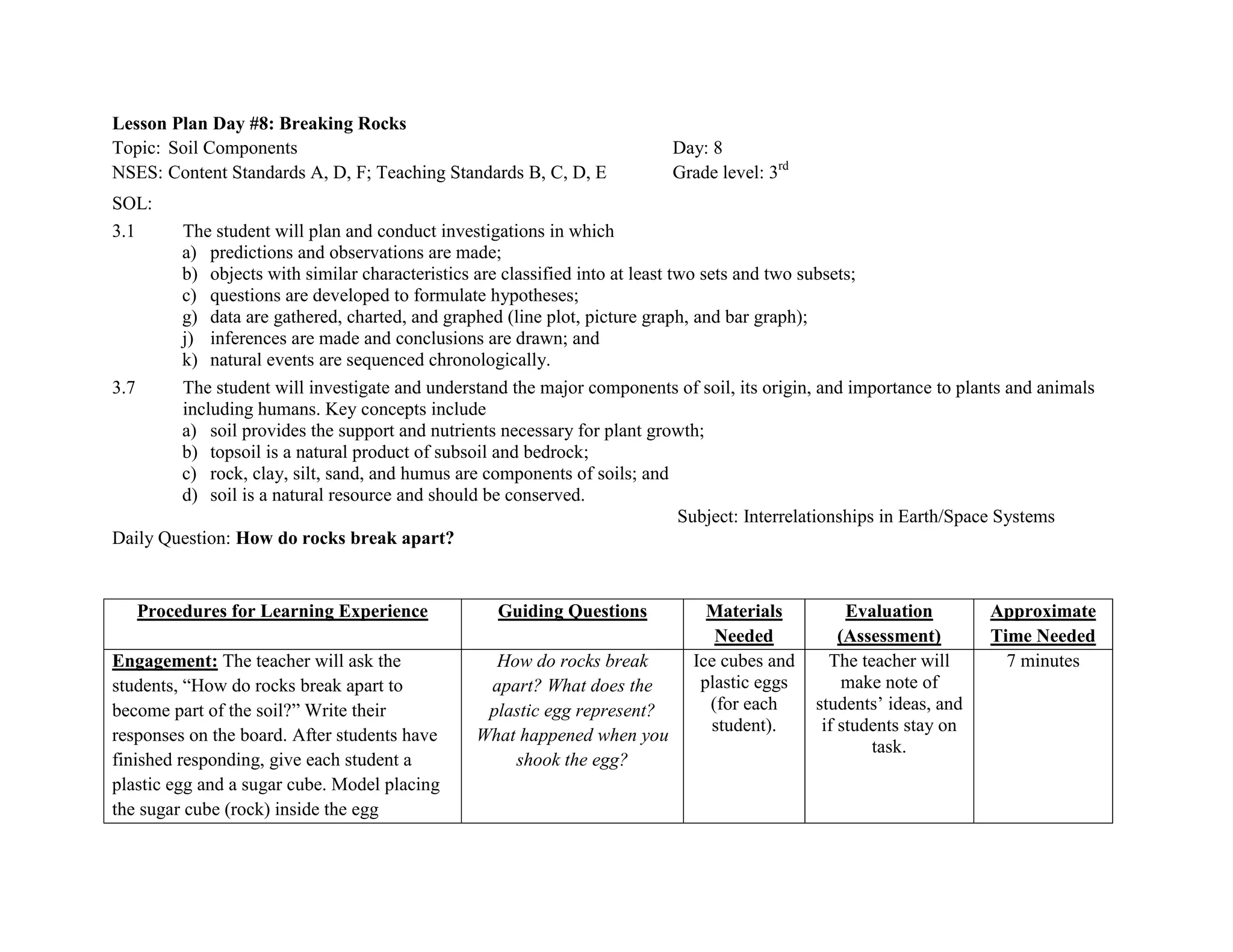 Lesson Plan Day #8: Breaking Rocks
Topic: Soil Components                                                    Day: 8
NSES: Content Standards A, D, F; Teaching Standards B, C, D, E            Grade level: 3rd
SOL:
3.1     The student will plan and conduct investigations in which
        a) predictions and observations are made;
        b) objects with similar characteristics are classified into at least two sets and two subsets;
        c) questions are developed to formulate hypotheses;
        g) data are gathered, charted, and graphed (line plot, picture graph, and bar graph);
        j) inferences are made and conclusions are drawn; and
        k) natural events are sequenced chronologically.
3.7     The student will investigate and understand the major components of soil, its origin, and importance to plants and animals
        including humans. Key concepts include
        a) soil provides the support and nutrients necessary for plant growth;
        b) topsoil is a natural product of subsoil and bedrock;
        c) rock, clay, silt, sand, and humus are components of soils; and
        d) soil is a natural resource and should be conserved.
                                                                              Subject: Interrelationships in Earth/Space Systems
Daily Question: How do rocks break apart?


   Procedures for Learning Experience              Guiding Questions          Materials           Evaluation        Approximate
                                                                               Needed            (Assessment)       Time Needed
Engagement: The teacher will ask the              How do rocks break        Ice cubes and      The teacher will       7 minutes
students, ―How do rocks break apart to           apart? What does the        plastic eggs         make note of
become part of the soil?‖ Write their            plastic egg represent?       (for each      students’ ideas, and
                                                                              student).       if students stay on
responses on the board. After students have     What happened when you
                                                                                                     task.
finished responding, give each student a            shook the egg?
plastic egg and a sugar cube. Model placing
the sugar cube (rock) inside the egg
 