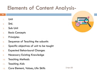Elements of Content Analysis-
2-Apr-20
24
1. Unit
2. Std.
3. Sub Unit
4. Basic Concepts
5. Principles
6. Sequence of Teaching the subunits
7. Specific objectives of unit to be taught
8. Expected Behavioural Changes
9. Necessary Existing Knowledge
10. Teaching Methods
11. Teaching Aids
12. Core Element, Values, Life Skills
 