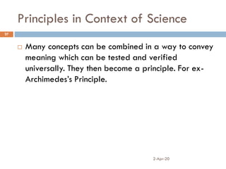 Principles in Context of Science
2-Apr-20
27
 Many concepts can be combined in a way to convey
meaning which can be tested and verified
universally. They then become a principle. For ex-
Archimedes’s Principle.
 