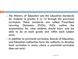 2-Apr-20
39
 The Ministry of Education sets the education standards
for students in grades K to 12 through the provincial
curriculum. These standards are called Prescribed
Learning Outcomes (PLOs). PLOs outline the
expectations for what students should know and be
able to do at each grade and within each subject
area.
 In addition to provincial curriculum, Boards of Education,
and Education Authorities have the authority to develop
local curriculum in areas where a provincial curriculum
does not exist.
 