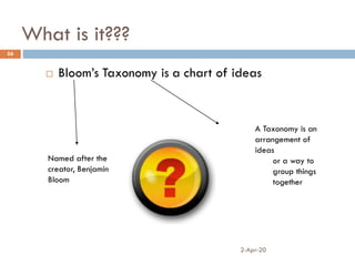 What is it???
 Bloom’s Taxonomy is a chart of ideas
2-Apr-20
56
Named after the
creator, Benjamin
Bloom
A Taxonomy is an
arrangement of
ideas
or a way to
group things
together
 