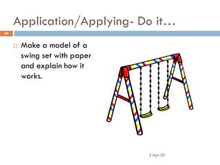Application/Applying- Do it…
 Make a model of a
swing set with paper
and explain how it
works.
2-Apr-20
68
 