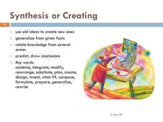 Synthesis or Creating
 use old ideas to create new ones
 generalize from given facts
 relate knowledge from several
areas
 predict, draw conclusions
 Key words:
combine, integrate, modify,
rearrange, substitute, plan, create,
design, invent, what if?, compose,
formulate, prepare, generalize,
rewrite
2-Apr-20
71
 