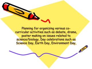 Planning for organizing various co-
curricular activities such as debate, drama,
poster making on issues related to
science/biology, Day celebrations such as
Science Day, Earth Day, Environment Day,
 