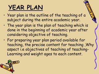 YEAR PLAN
• Year plan is the outline of the teaching of a
subject during the entire academic year.
• The year plan is the plan of teaching which is
done in the beginning of academic year after
considering objective of teaching.
• For preparing year plan period available for
teaching, the precise content for teaching ,Why
aspect i.e objectives of teaching of teaching-
Learning and weight ages to each content.
 