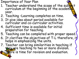 Importance of Year Plan
1. Teacher understand the scope of the subject
curriculum at the beginning of the academic
year.
2. Teaching –Learning completes on time.
3. It give idea about period available for
curricular and co-curricular activities.
4. Sufficient time is available for initial
preparation for teaching.
5. Teaching can be completed with proper speed.
6. It clarifies the objectives of T-L therefore, it
helps in emphasizing the units.
7. Teacher can bring similarities in teaching if
they are teaching to two or more division.
8. There is time for revision and evaluation.
 