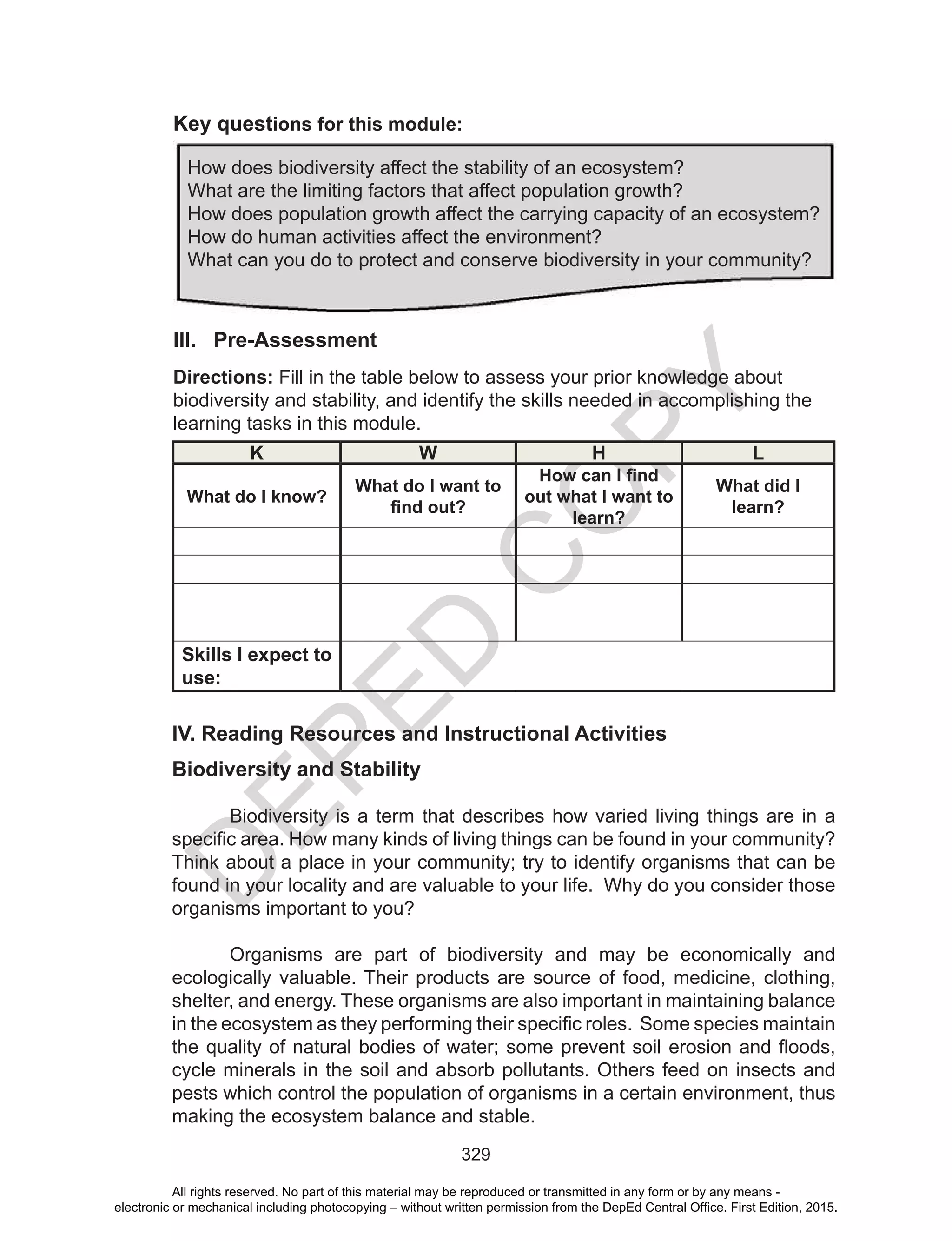D
EPED
C
O
PY
329
Key questions for this module:
III. Pre-Assessment
Directions: Fill in the table below to assess your prior knowledge about
biodiversity and stability, and identify the skills needed in accomplishing the
learning tasks in this module.
K W H L
What do I know?
What do I want to
find out?
How can I find
out what I want to
learn?
What did I
learn?
Skills I expect to
use:
IV. Reading Resources and Instructional Activities
Biodiversity and Stability
Biodiversity is a term that describes how varied living things are in a
specific area. How many kinds of living things can be found in your community?
Think about a place in your community; try to identify organisms that can be
found in your locality and are valuable to your life. Why do you consider those
organisms important to you?
	 Organisms are part of biodiversity and may be economically and
ecologically valuable. Their products are source of food, medicine, clothing,
shelter, and energy. These organisms are also important in maintaining balance
in the ecosystem as they performing their specific roles. Some species maintain
the quality of natural bodies of water; some prevent soil erosion and floods,
cycle minerals in the soil and absorb pollutants. Others feed on insects and
pests which control the population of organisms in a certain environment, thus
making the ecosystem balance and stable.
How does biodiversity affect the stability of an ecosystem?
What are the limiting factors that affect population growth?
How does population growth affect the carrying capacity of an ecosystem?
How do human activities affect the environment?
What can you do to protect and conserve biodiversity in your community?
All rights reserved. No part of this material may be reproduced or transmitted in any form or by any means -
electronic or mechanical including photocopying – without written permission from the DepEd Central Office. First Edition, 2015.
 