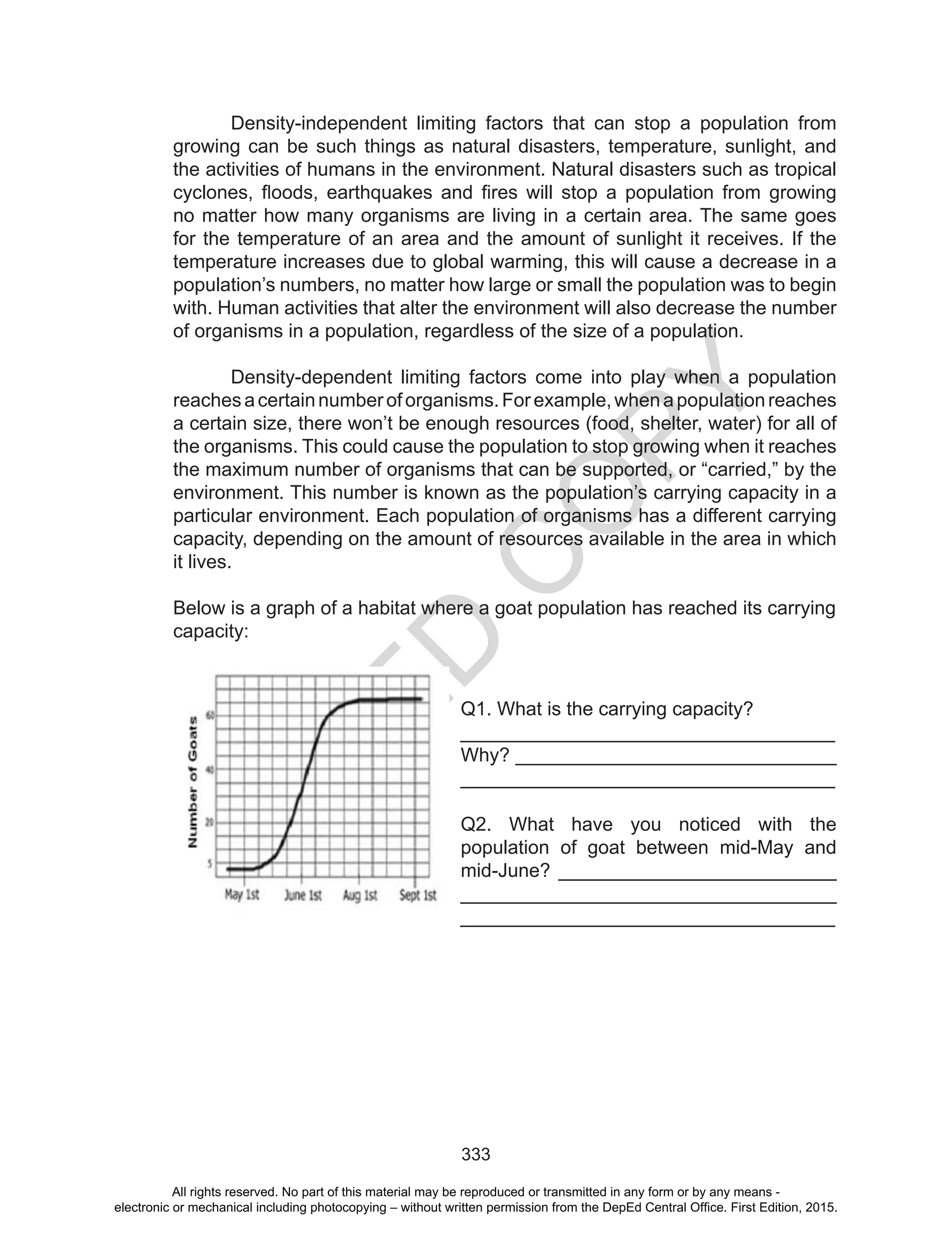 D
EPED
C
O
PY
333
	 Density-independent limiting factors that can stop a population from
growing can be such things as natural disasters, temperature, sunlight, and
the activities of humans in the environment. Natural disasters such as tropical
cyclones, floods, earthquakes and fires will stop a population from growing
no matter how many organisms are living in a certain area. The same goes
for the temperature of an area and the amount of sunlight it receives. If the
temperature increases due to global warming, this will cause a decrease in a
population’s numbers, no matter how large or small the population was to begin
with. Human activities that alter the environment will also decrease the number
of organisms in a population, regardless of the size of a population.
	 Density-dependent limiting factors come into play when a population
reachesacertainnumberoforganisms.Forexample,whenapopulationreaches
a certain size, there won’t be enough resources (food, shelter, water) for all of
the organisms. This could cause the population to stop growing when it reaches
the maximum number of organisms that can be supported, or “carried,” by the
environment. This number is known as the population’s carrying capacity in a
particular environment. Each population of organisms has a different carrying
capacity, depending on the amount of resources available in the area in which
it lives.
Below is a graph of a habitat where a goat population has reached its carrying
capacity:
Q1. What is the carrying capacity?
___________________________________
Why? ______________________________
___________________________________
Q2. What have you noticed with the
population of goat between mid-May and
mid-June? __________________________
___________________________________
___________________________________
All rights reserved. No part of this material may be reproduced or transmitted in any form or by any means -
electronic or mechanical including photocopying – without written permission from the DepEd Central Office. First Edition, 2015.
 