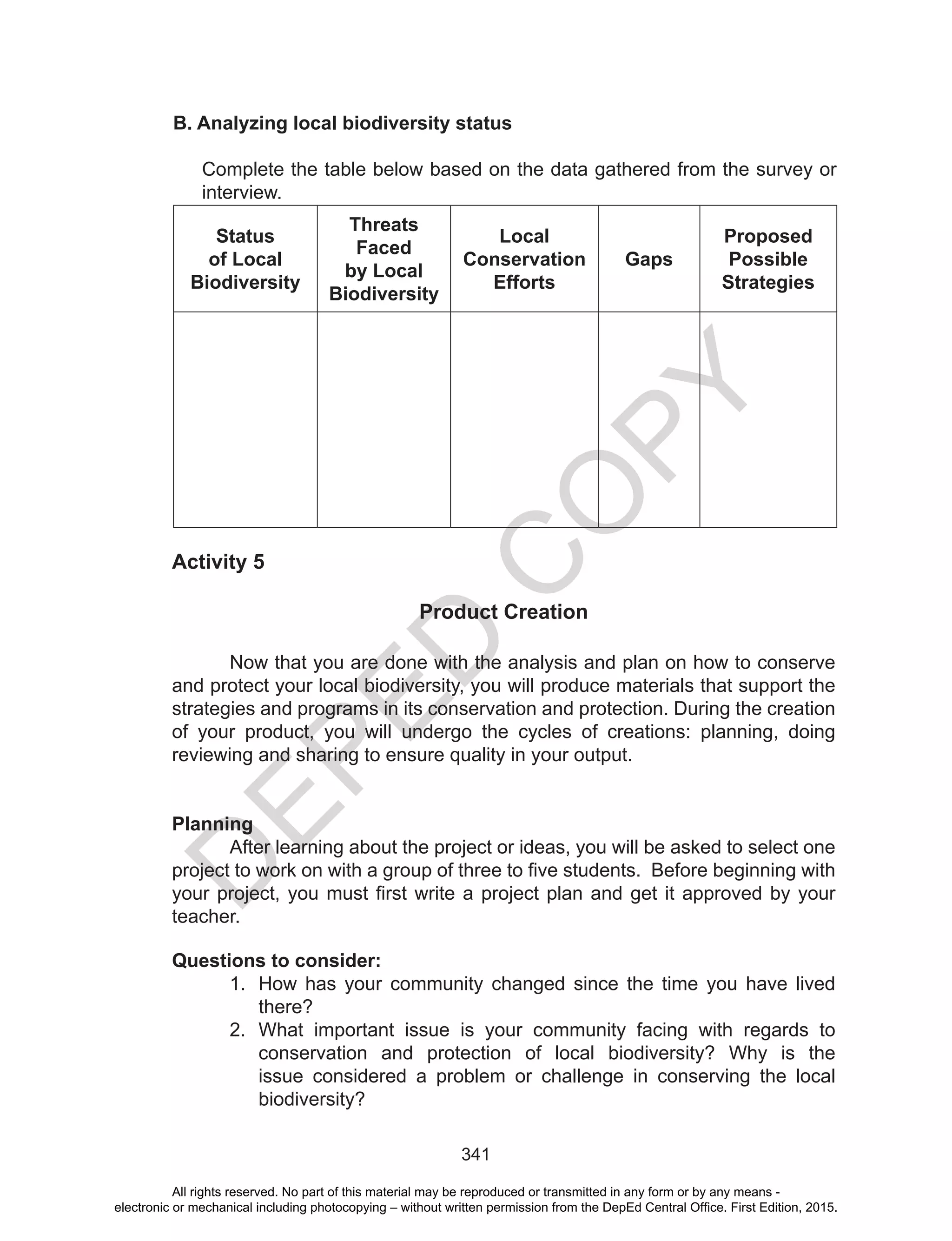 D
EPED
C
O
PY
341
B. Analyzing local biodiversity status
Complete the table below based on the data gathered from the survey or
interview.
Status
of Local
Biodiversity
Threats
Faced
by Local
Biodiversity
Local
Conservation
Efforts
Gaps
Proposed
Possible
Strategies
Activity 5
Product Creation
Now that you are done with the analysis and plan on how to conserve
and protect your local biodiversity, you will produce materials that support the
strategies and programs in its conservation and protection. During the creation
of your product, you will undergo the cycles of creations: planning, doing
reviewing and sharing to ensure quality in your output.
Planning
	 After learning about the project or ideas, you will be asked to select one
project to work on with a group of three to five students. Before beginning with
your project, you must first write a project plan and get it approved by your
teacher.
Questions to consider:
1.	 How has your community changed since the time you have lived
there?
2.	 What important issue is your community facing with regards to
conservation and protection of local biodiversity? Why is the
issue considered a problem or challenge in conserving the local
biodiversity?
All rights reserved. No part of this material may be reproduced or transmitted in any form or by any means -
electronic or mechanical including photocopying – without written permission from the DepEd Central Office. First Edition, 2015.
 