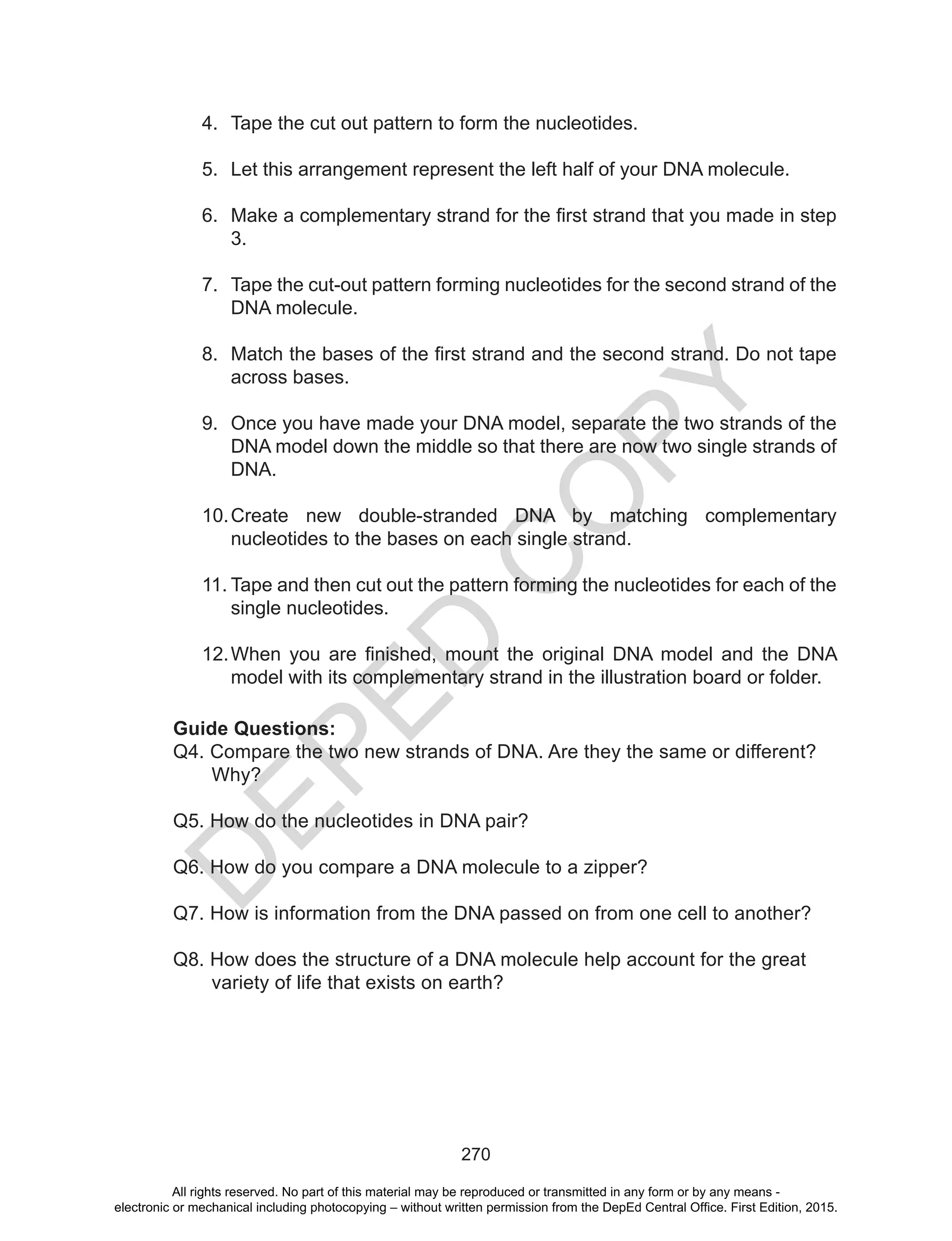 D
EPED
C
O
PY
270
Guide Questions:
Q4. Compare the two new strands of DNA. Are they the same or different?
Why?
Q5. How do the nucleotides in DNA pair?
Q6. How do you compare a DNA molecule to a zipper?
Q7. How is information from the DNA passed on from one cell to another?
Q8. How does the structure of a DNA molecule help account for the great 	
variety of life that exists on earth?
4.	 Tape the cut out pattern to form the nucleotides.
5.	 Let this arrangement represent the left half of your DNA molecule.
6.	 Make a complementary strand for the first strand that you made in step
3.
7.	 Tape the cut-out pattern forming nucleotides for the second strand of the
DNA molecule.
8.	 Match the bases of the first strand and the second strand. Do not tape
across bases.
9.	 Once you have made your DNA model, separate the two strands of the
DNA model down the middle so that there are now two single strands of
DNA.
10.	Create new double-stranded DNA by matching complementary
nucleotides to the bases on each single strand.
11.	Tape and then cut out the pattern forming the nucleotides for each of the
single nucleotides.
12.	When you are finished, mount the original DNA model and the DNA
model with its complementary strand in the illustration board or folder.
All rights reserved. No part of this material may be reproduced or transmitted in any form or by any means -
electronic or mechanical including photocopying – without written permission from the DepEd Central Office. First Edition, 2015.
 