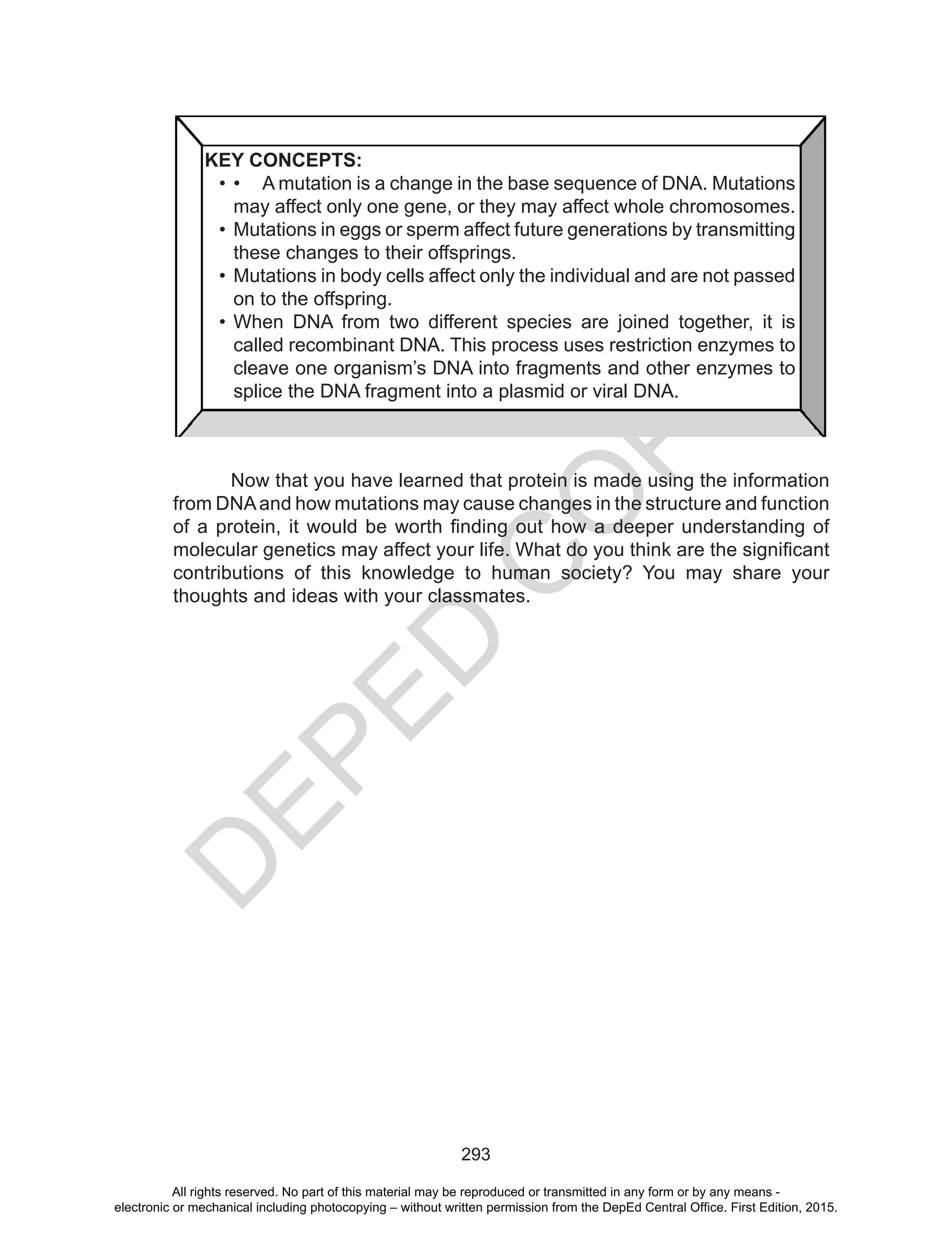 D
EPED
C
O
PY
293
KEY CONCEPTS:
•	 •	 A mutation is a change in the base sequence of DNA. Mutations
may affect only one gene, or they may affect whole chromosomes.
•	 Mutations in eggs or sperm affect future generations by transmitting
these changes to their offsprings.
•	 Mutations in body cells affect only the individual and are not passed
on to the offspring.
•	When DNA from two different species are joined together, it is
called recombinant DNA. This process uses restriction enzymes to
cleave one organism’s DNA into fragments and other enzymes to
splice the DNA fragment into a plasmid or viral DNA.
Now that you have learned that protein is made using the information
from DNAand how mutations may cause changes in the structure and function
of a protein, it would be worth finding out how a deeper understanding of
molecular genetics may affect your life. What do you think are the significant
contributions of this knowledge to human society? You may share your
thoughts and ideas with your classmates.
All rights reserved. No part of this material may be reproduced or transmitted in any form or by any means -
electronic or mechanical including photocopying – without written permission from the DepEd Central Office. First Edition, 2015.
 