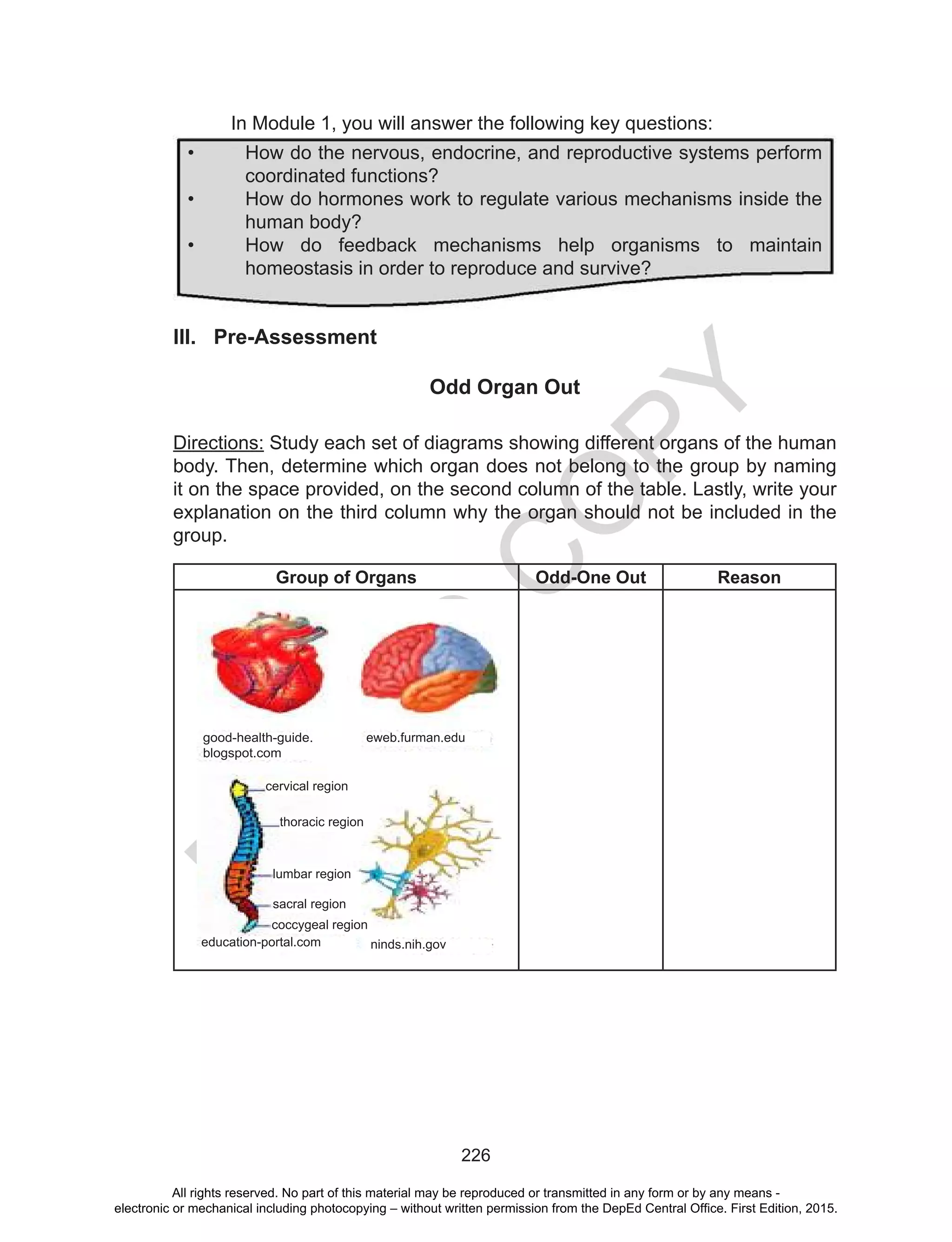 D
EPED
C
O
PY
226
In Module 1, you will answer the following key questions:
Directions: Study each set of diagrams showing different organs of the human
body. Then, determine which organ does not belong to the group by naming
it on the space provided, on the second column of the table. Lastly, write your
explanation on the third column why the organ should not be included in the
group.
III. Pre-Assessment
Odd Organ Out
•	 How do the nervous, endocrine, and reproductive systems perform
coordinated functions?
•	 How do hormones work to regulate various mechanisms inside the
human body?
•	 How do feedback mechanisms help organisms to maintain
homeostasis in order to reproduce and survive?
Group of Organs Odd-One Out Reason
good-health-guide.
blogspot.com
education-portal.com
eweb.furman.edu
ninds.nih.gov
cervical region
thoracic region
lumbar region
sacral region
coccygeal region
All rights reserved. No part of this material may be reproduced or transmitted in any form or by any means -
electronic or mechanical including photocopying – without written permission from the DepEd Central Office. First Edition, 2015.
 