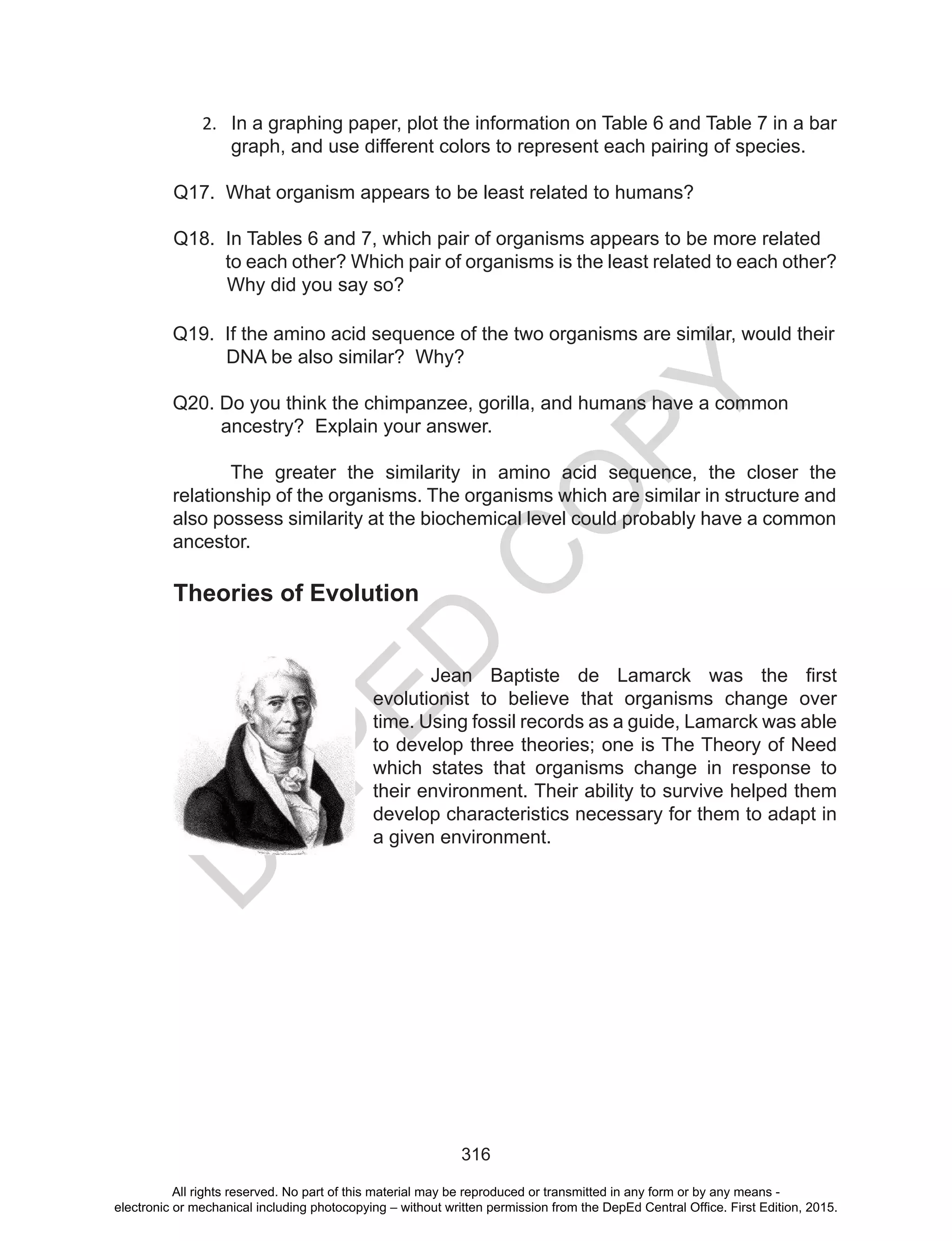 D
EPED
C
O
PY
316
Q19. If the amino acid sequence of the two organisms are similar, would their
DNA be also similar? Why?
Q20. Do you think the chimpanzee, gorilla, and humans have a common
ancestry? Explain your answer.
The greater the similarity in amino acid sequence, the closer the
relationship of the organisms. The organisms which are similar in structure and
also possess similarity at the biochemical level could probably have a common
ancestor.
Theories of Evolution
Jean Baptiste de Lamarck was the first
evolutionist to believe that organisms change over
time. Using fossil records as a guide, Lamarck was able
to develop three theories; one is The Theory of Need
which states that organisms change in response to
their environment. Their ability to survive helped them
develop characteristics necessary for them to adapt in
a given environment.
2.	 In a graphing paper, plot the information on Table 6 and Table 7 in a bar
graph, and use different colors to represent each pairing of species.
Q17. What organism appears to be least related to humans?
Q18. In Tables 6 and 7, which pair of organisms appears to be more related
to each other? Which pair of organisms is the least related to each other?
Why did you say so?
All rights reserved. No part of this material may be reproduced or transmitted in any form or by any means -
electronic or mechanical including photocopying – without written permission from the DepEd Central Office. First Edition, 2015.
 