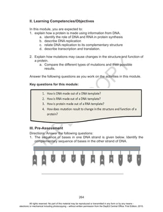 D
EPED
C
O
PY
264
II. Learning Competencies/Objectives
In this module, you are expected to:
1.	 explain how a protein is made using information from DNA.
a.	 identify the role of DNA and RNA in protein synthesis
b.	 describe DNA replication
c.	 relate DNA replication to its complementary structure
d.	 describe transcription and translation.
2.	 Explain how mutations may cause changes in the structure and function of
a protein.
a.	 Compare the different types of mutations and their possible
results.
Answer the following questions as you work on the activities in this module.
Key questions for this module:
Before you start anything, answer the pre-assessment questions:
III. Pre-Assessment
Directions: Answer the following questions:
1.	 The sequence of bases in one DNA strand is given below. Identify the
complementary sequence of bases in the other strand of DNA.
All rights reserved. No part of this material may be reproduced or transmitted in any form or by any means -
electronic or mechanical including photocopying – without written permission from the DepEd Central Office. First Edition, 2015.
 