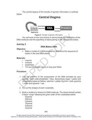 D
EPED
C
O
PY
269
The central dogma of the transfer of genetic information is outlined
below.
You will work on the next activity to demonstrate the replication of the
DNA molecule and the specificity of base pairing in the nitrogenous bases.
Activity 2
DNA Makes DNA
Objective:
•	 Make a model of a DNA template to determine the sequence of
bases in the new DNA strand.
Materials:
•	 crayons
•	 scissors
•	 paste/tape
•	 1/4 size illustration board or long size folder
Procedure:
1.	 Use the patterns of the components of the DNA provided by your
teacher. Color code phosphate = blue, deoxyribose sugar = green and
nitrogenous bases as follows: adenine = yellow, thymine = pink, guanine
= violet and cytosine = red.
2.	 Cut out the shapes of each nucleotide.
3.	 Build a model of a strand of a DNA molecule. The strand should contain
6 base “rungs” following the given order of the nucleotides below.
Guanine
Adenine
Cytosine
Thymine
Cytosine
Guanine
Figure 3. Transfer of genetic information
All rights reserved. No part of this material may be reproduced or transmitted in any form or by any means -
electronic or mechanical including photocopying – without written permission from the DepEd Central Office. First Edition, 2015.
 