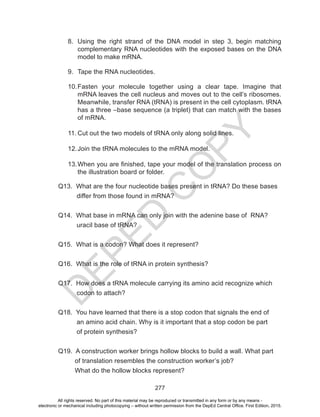 D
EPED
C
O
PY
277
8.	 Using the right strand of the DNA model in step 3, begin matching
complementary RNA nucleotides with the exposed bases on the DNA
model to make mRNA.
9.	 Tape the RNA nucleotides.
10.	Fasten your molecule together using a clear tape. Imagine that
mRNA leaves the cell nucleus and moves out to the cell’s ribosomes.
Meanwhile, transfer RNA (tRNA) is present in the cell cytoplasm. tRNA
has a three –base sequence (a triplet) that can match with the bases
of mRNA.
11.	Cut out the two models of tRNA only along solid lines.
12.	Join the tRNA molecules to the mRNA model.
13.	When you are finished, tape your model of the translation process on
the illustration board or folder.
Q13. What are the four nucleotide bases present in tRNA? Do these bases
differ from those found in mRNA?
Q14. What base in mRNA can only join with the adenine base of RNA?
uracil base of tRNA?
Q15. What is a codon? What does it represent?
Q16. What is the role of tRNA in protein synthesis?
Q17. How does a tRNA molecule carrying its amino acid recognize which
codon to attach?
Q18. You have learned that there is a stop codon that signals the end of
an amino acid chain. Why is it important that a stop codon be part
of protein synthesis?
Q19. A construction worker brings hollow blocks to build a wall. What part
of translation resembles the construction worker’s job?
What do the hollow blocks represent?
All rights reserved. No part of this material may be reproduced or transmitted in any form or by any means -
electronic or mechanical including photocopying – without written permission from the DepEd Central Office. First Edition, 2015.
 