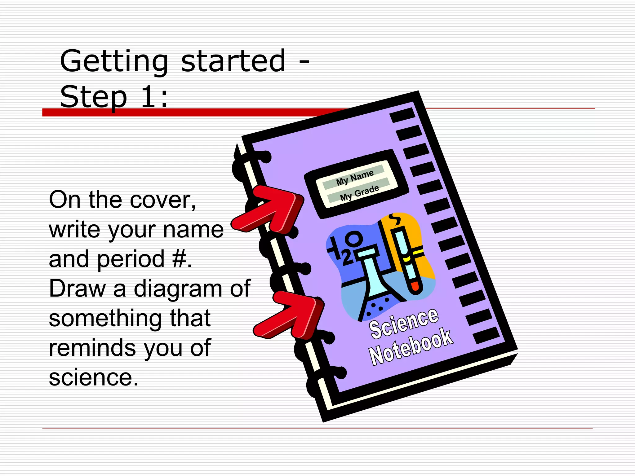 Getting started - Step 1: Science Notebook My Name My Grade On the cover, write your name and period #. Draw a diagram of something that reminds you of science. 