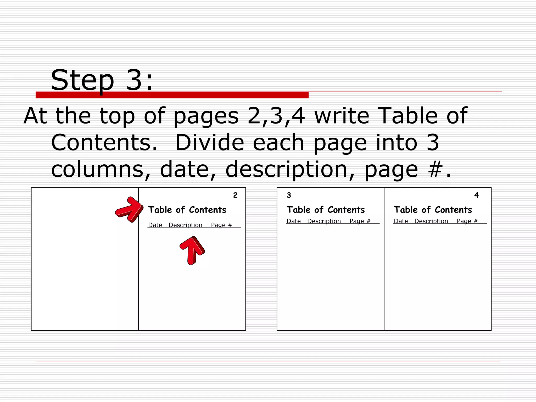 Step 3: At the top of pages 2,3,4 write Table of Contents.  Divide each page into 3 columns, date, description, page #.  Table of Contents 2 4 3 Table of Contents Table of Contents Date  Description  Page # Date  Description  Page # Date  Description  Page # 