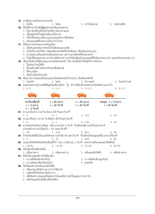 103
15. สารพันธุกรรมเปนสารประเภทใด
1. โปรตีน 2. ไขมัน 3. คารโบไฮเดรต 4. กรดนิวคลีอิก
16. ขอใดที่อาหารโปรตีนไมถูกทําลายหรือแปลงสภาพ
1. ไขขาวดิบที่คนไขกินเขาไปเพื่อกําจัดยาฆาแมลง
2. เนื้อหมูที่แชไวในตูเย็นเพื่อแกงใสบาตร
3. เนื้อไกที่ทอดจนเหลือกรอบจะปลอดภัยจากไขหวัดนก
4. หอยแมลงภูที่บีบมะนาวเปนอาหารโปรด
17. ขอใดกลาวถึงเลขออกเทนไมถูกตอง
1. เปนตัวแสดงคุณภาพของนํ้ามันดีเซลและเบนซิน
2. นํ้ามันไรสารตะกั่วมีการเติมเมทิลเทอรเชียรีบิวทิลอีเทอร เพื่อเพิ่มเลขออกเทน
3. สารเตตระเมทิลเลดชวยเพิ่มเลขออกเทน แตการเผาไหมจะใหไอของตะกั่ว
4. นํ้ามันที่มีเลขออกเทน 95 มีประสิทธิภาพการเผาไหมเหมือนกับของผสมที่มีไอโซออกเทน 95% และนอรมอลเฮปเทน 5%
18. เมื่อนําชิ้นสังกะสีใสสารละลายกรดไฮโดรคลอริก วิธีการในขอใดทําใหปฏิกิริยาเกิดชาลง
1. ใชแทงแกวคนใหทั่ว
2. ใหผงสังกะสีนํ้าหนักเทากันแทนชิ้นสังกะสี
3. ใหความรอน
4. เติมนํ้ากลั่นลงไปเทาตัว
19. พันธะระหวางอะตอมในโมเลกุลของโซเดียมคลอไรด (NaCl) เปนพันธะชนิดใด
1. ไอออนิก 2. โลหะ 3. โควาเลนต 4. วันเดอรวาลส
20. อะตอมของธาตุโบรอนที่มีสัญลักษณนิวเคลียร 11B มีการจัดอิเล็กตรอนตามระดับพลังงานอยางไร
1. 2, 3 2. 2, 4 3. 2, 4, 5 4. 2, 8, 1
รถเริ่มเคลื่อนที่ v = 90 km/h v = 90 km/h รถหยุด v = 0 km/h
v = 0 km/h t = 20 วินาที t = 40 วินาที t = 60 วินาที
t = 0 วินาที
21. ความเรงในชวง 0-20 วินาทีแรก มีคากี่เมตร/วินาที2
1. 0 2. 1 3. 1.25 4. 4.5
22. ความเรงในชวง 20-40 วินาทีตอมา มีคากี่เมตร/วินาที2
1. 0 2. 1 3. 1.25 4. 4.5
23. หากปลอยกอนหินจากตึกสูง เมื่อเวลาผานไป 5 วินาที กอนหินจะมีความเร็วกี่เมตร/วินาที
(กําหนดคาความเรงโนมถวง = 9.8 เมตร/วินาที2)
1. 9.8 2. 14.8 3. 24.5 4. 49
24. ถายิงกอนหินขึ้นไปในแนวดิ่งดวยความเร็วตน 98 เมตร/วินาที กอนหินจะถึงจุดสูงสุดใชเวลานานกี่วินาที
1. 5 2. 10 3. 29.6 4. 49
25. มอเตอรไซดไตถังคันหนึ่งเคลื่อนที่ได 5 รอบ ภายในเวลา 2 วินาที จงหาความถี่ของมอเตอรไซดคันนี้
1. 0.4 Hz 2. 1.5 Hz 3. 2.5 Hz 4. 4.0 Hz
26. คลื่นเสียงเปนคลื่นชนิดใด
1. คลื่นตามยาว 2. คลื่นตามขวาง 3. คลื่นแมเหล็กไฟฟา 4. คลื่นอัด-ขยาย
27. ขอใดเปนเหตุผลที่เราไมไดยินเสียง
1. ความถี่คลื่นเสียงตํ่าเกินไป 2. ความถี่คลื่นเสียงสูงเกินไป
3. ความดังของเสียงนอยเกินไป 4. ถูกทุกขอ
28. ขอใดผิดเกี่ยวกับคลื่นแมเหล็กไฟฟา
1. คลื่นแกมมามีพลังงานมากกวารังสีเอกซ
2. เคลื่อนที่ไดโดยไมอาศัยตัวกลาง
3. คลื่นอินฟราเรดและคลื่นอัลตราไวโอเลตมีความเร็วในสุญญากาศเทากัน
4. คลื่นวิทยุสะทอนในชั้นเรดิโอสเฟยร
5
 