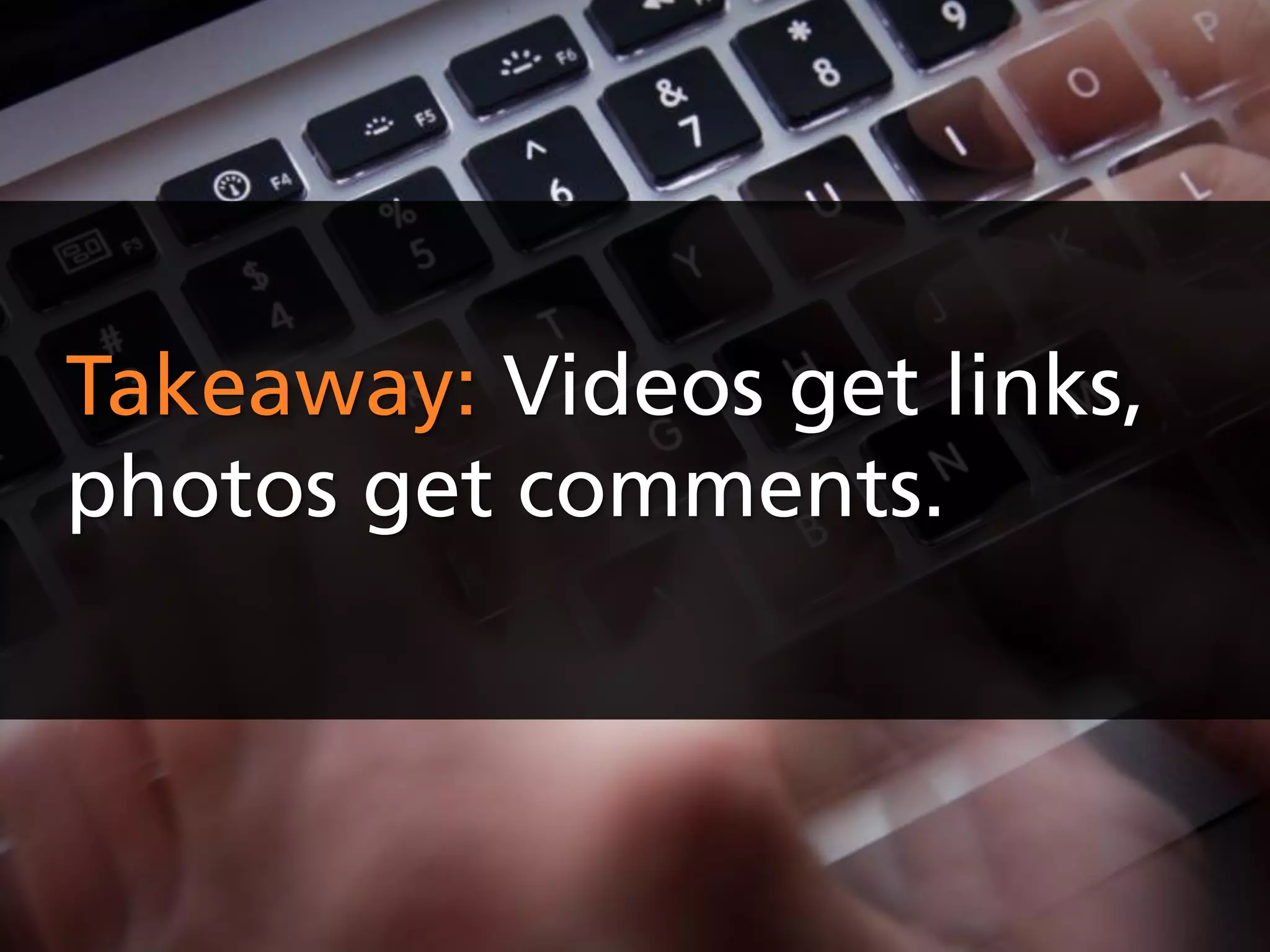 Takeaway: Videos get links,
photos get comments.
 