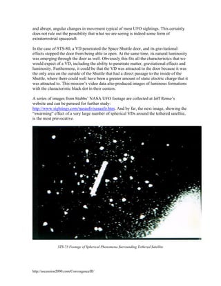 and abrupt, angular changes in movement typical of most UFO sightings. This certainly
does not rule out the possibility that what we are seeing is indeed some form of
extraterrestrial spacecraft.
In the case of STS-80, a VD penetrated the Space Shuttle door, and its gravitational
effects stopped the door from being able to open. At the same time, its natural luminosity
was emerging through the door as well. Obviously this fits all the characteristics that we
would expect of a VD, including the ability to penetrate matter, gravitational effects and
luminosity. Furthermore, it could be that the VD was attracted to the door because it was
the only area on the outside of the Shuttle that had a direct passage to the inside of the
Shuttle, where there could well have been a greater amount of static electric charge that it
was attracted to. This mission’s video data also produced images of luminous formations
with the characteristic black dot in their centers.
A series of images from Stubbs’ NASA UFO footage are collected at Jeff Rense’s
website and can be perused for further study:
http://www.sightings.com/nasaufo/nasaufo.htm. And by far, the next image, showing the
“swarming” effect of a very large number of spherical VDs around the tethered satellite,
is the most provocative.

STS-75 Footage of Spherical Phenomena Surrounding Tethered Satellite

http://ascension2000.com/ConvergenceIII/

 