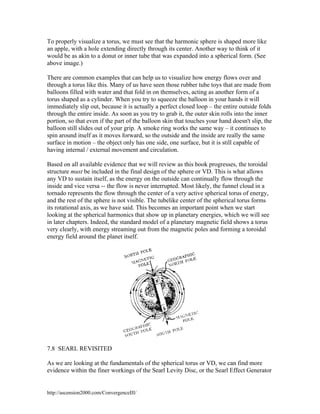 To properly visualize a torus, we must see that the harmonic sphere is shaped more like
an apple, with a hole extending directly through its center. Another way to think of it
would be as akin to a donut or inner tube that was expanded into a spherical form. (See
above image.)
There are common examples that can help us to visualize how energy flows over and
through a torus like this. Many of us have seen those rubber tube toys that are made from
balloons filled with water and that fold in on themselves, acting as another form of a
torus shaped as a cylinder. When you try to squeeze the balloon in your hands it will
immediately slip out, because it is actually a perfect closed loop – the entire outside folds
through the entire inside. As soon as you try to grab it, the outer skin rolls into the inner
portion, so that even if the part of the balloon skin that touches your hand doesn't slip, the
balloon still slides out of your grip. A smoke ring works the same way – it continues to
spin around itself as it moves forward, so the outside and the inside are really the same
surface in motion – the object only has one side, one surface, but it is still capable of
having internal / external movement and circulation.
Based on all available evidence that we will review as this book progresses, the toroidal
structure must be included in the final design of the sphere or VD. This is what allows
any VD to sustain itself, as the energy on the outside can continually flow through the
inside and vice versa -- the flow is never interrupted. Most likely, the funnel cloud in a
tornado represents the flow through the center of a very active spherical torus of energy,
and the rest of the sphere is not visible. The tubelike center of the spherical torus forms
its rotational axis, as we have said. This becomes an important point when we start
looking at the spherical harmonics that show up in planetary energies, which we will see
in later chapters. Indeed, the standard model of a planetary magnetic field shows a torus
very clearly, with energy streaming out from the magnetic poles and forming a toroidal
energy field around the planet itself.

7.8 SEARL REVISITED
As we are looking at the fundamentals of the spherical torus or VD, we can find more
evidence within the finer workings of the Searl Levity Disc, or the Searl Effect Generator

http://ascension2000.com/ConvergenceIII/

 