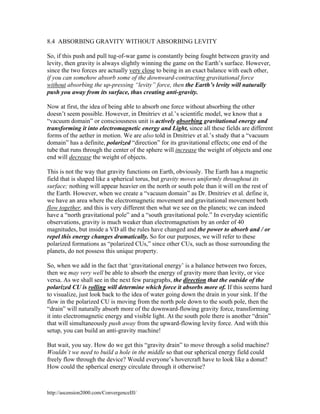 8.4 ABSORBING GRAVITY WITHOUT ABSORBING LEVITY
So, if this push and pull tug-of-war game is constantly being fought between gravity and
levity, then gravity is always slightly winning the game on the Earth’s surface. However,
since the two forces are actually very close to being in an exact balance with each other,
if you can somehow absorb some of the downward-contracting gravitational force
without absorbing the up-pressing “levity” force, then the Earth’s levity will naturally
push you away from its surface, thus creating anti-gravity.
Now at first, the idea of being able to absorb one force without absorbing the other
doesn’t seem possible. However, in Dmitriev et al.’s scientific model, we know that a
“vacuum domain” or consciousness unit is actively absorbing gravitational energy and
transforming it into electromagnetic energy and Light, since all these fields are different
forms of the aether in motion. We are also told in Dmitriev et al.’s study that a “vacuum
domain” has a definite, polarized “direction” for its gravitational effects; one end of the
tube that runs through the center of the sphere will increase the weight of objects and one
end will decrease the weight of objects.
This is not the way that gravity functions on Earth, obviously. The Earth has a magnetic
field that is shaped like a spherical torus, but gravity moves uniformly throughout its
surface; nothing will appear heavier on the north or south pole than it will on the rest of
the Earth. However, when we create a “vacuum domain” as Dr. Dmitriev et al. define it,
we have an area where the electromagnetic movement and gravitational movement both
flow together, and this is very different then what we see on the planets; we can indeed
have a “north gravitational pole” and a “south gravitational pole.” In everyday scientific
observations, gravity is much weaker than electromagnetism by an order of 40
magnitudes, but inside a VD all the rules have changed and the power to absorb and / or
repel this energy changes dramatically. So for our purposes, we will refer to these
polarized formations as “polarized CUs,” since other CUs, such as those surrounding the
planets, do not possess this unique property.
So, when we add in the fact that ‘gravitational energy’ is a balance between two forces,
then we may very well be able to absorb the energy of gravity more than levity, or vice
versa. As we shall see in the next few paragraphs, the direction that the outside of the
polarized CU is rolling will determine which force it absorbs more of. If this seems hard
to visualize, just look back to the idea of water going down the drain in your sink. If the
flow in the polarized CU is moving from the north pole down to the south pole, then the
“drain” will naturally absorb more of the downward-flowing gravity force, transforming
it into electromagnetic energy and visible light. At the south pole there is another “drain”
that will simultaneously push away from the upward-flowing levity force. And with this
setup, you can build an anti-gravity machine!
But wait, you say. How do we get this “gravity drain” to move through a solid machine?
Wouldn’t we need to build a hole in the middle so that our spherical energy field could
freely flow through the device? Would everyone’s hovercraft have to look like a donut?
How could the spherical energy circulate through it otherwise?

http://ascension2000.com/ConvergenceIII/

 