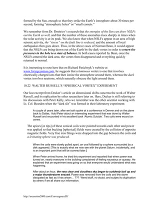 formed by the Sun, enough so that they strike the Earth’s ionosphere about 30 times per
second, forming “atmospheric holes” or “small comets.”
We remember from Dr. Dmitriev’s research that the energies of the Sun can draw NSLFs
out the Earth as well, and that the number of these anomalies rises sharply in times when
the solar activity is at its peak. We also know that when NSLFs appear in an area of high
seismic activity, the “stress” on the fault line is reduced, and the amount of local
earthquakes then goes down. Thus, in the above cases of Norman Bean, it would appear
that the NSLFs are being drawn out of the Earth by the dark vortex in order to return the
pressures in the hole to a state of balance. In both cases reported by Bean, once the
NSLFs entered the dark area, the vortex then disappeared and everything quickly
returned to normal.
It is interesting to note here that on Richard Pasichnyk’s website at
www.livingcosmos.com, he suggests that a luminous vortex is one that involves
electrically-charged ions that then ionize the atmosphere around them, whereas the dark
vortex involves neutrons, which naturally obscure the light around them.
10.22 WALTER RUSSELL’S “SPHERICAL VORTEX” EXPERIMENT
Our last excerpt from Decker’s article on dimensional shifts concerns the work of Walter
Russell, and its replication by other researchers later on. Here, Decker is still referring to
his discussions with Peter Kelly, who we remember was the other scientist working with
Lt. Col. Bearden when the “dark slit” was formed in their laboratory experiment:
A couple of years later, after we both spoke at a conference in Denver and on the plane
back to Dallas, I told Peter about an interesting experiment that was done by Walter
Russell and recounted in his excellent book ‘Atomic Suicide’. Two coils were wound on
cones.

The apices [or tips] of these conical coils were pointed towards each other and power
was applied so that bucking [spherical] fields were created by the collision of opposite
magnetic fields. Very fine iron filings were dropped into the gap between the coils and
a levitating sphere was produced.
When the coils were slowly pulled apart, an oval followed by a sphere surrounded by a
disk appeared. [This is exactly what we now see with the planet Saturn, incidentally, and
is an important point that will be covered later.]
When Peter arrived home, he tried this experiment and reported that when power was
turned on, nearly everyone in the building complained of feeling nauseous or queasy. He
explained that an experiment was going on so that everyone would understand what was
happening.
After about an hour, the very clear and cloudless sky began to suddenly boil up and
a major thunderstorm ensued. Power was removed from the coils and the storm
dissipated as fast as it has arisen… ??? Weird stuff, no doubt, and subject to duplication
by others if we all share our information.

http://ascension2000.com/ConvergenceIII/

 