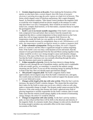 2. 2. Curtain-shaped auroras at the poles. From studying the formations of the
aurora, we also know that a curtain-shaped, sheet-like beam of energetic
electrons is spiraling down into the polar regions at a high level of intensity. This
forms a helix-shaped vortex of electrons and protons, like a super-elongated
funnel. As Pasichnyk explains, “[this funnel vortex] produces the magnetic field
as would the wire wrapped around an electric magnet or the antenna in a radio;
only here there is no wire. Consequently, there would be no need for an ironnickel core, complex fluid motions, or for that matter, a dynamo theory to explain
the geomagnetic field.”
3. 3. Earth’s core is too hot for metallic magnetism. If the Earth’s inner core was
truly composed of iron and nickel, then we know from the research into
magnetism that above a certain temperature in these metals known as the Curie
point, they will no longer maintain their magnetic field. However, the
temperatures inside the Earth rise very quickly as we drill down, and if we
continue this smooth increase by extrapolation, then at only 100 kilometers or 62
miles, the temperatures would be too high for metals to conduct a magnetic field.
4. 4. Eclipse anomalies of magnetism. During an eclipse, the earth’s magnetic
fields are weakened, and this effect is significant enough to confuse migrating
birds. If the Earth’s core was truly a solid dynamo of iron and nickel, then the
amount of extra gravitational pull from the Sun and Moon coming together in the
eclipse would be nowhere near strong enough to cause such dynamic changes.
However, if the mass of the Moon was shielding off some of the energy from the
Sun that the Earth’s luminous core was normally absorbing through the poles,
then this becomes much easier to understand.
5. 5. Eclipse anomalies of gravity. Gravity has been shown to change during
eclipses as well, through the use of pendulum studies, and this also is explainable
in the new model; gravity, we remember, is caused by the aetheric energy
streaming into the Earth. If you cut off the streaming energy by putting the Moon
in front of the Sun, then you should expect gravitational changes.
6. 6. Tilt of Earth’s magnetic field. The Earth’s magnetic field is tilted
approximately eleven degrees away from the Earth’s rotational axis; and again,
this would create an inherent weakness that would not support the dynamo action
as it is now believed to occur.
7. 7. Changes of the length of the day with solar activity. When the Sun’s activity
increases, the speed of Earth’s rotation changes. This means that the actual time
that it takes for the Earth to rotate once on its axis, which is what we call a day,
makes a measurable change in length. The dynamo model cannot account for this.
However, if the solar energy that streams into Earth’s spherical-torus field of
glowing magnetism is actually responsible for the Earth’s rotation, then it would
make sense that the rotation would change slightly as the amount of instreaming
energy changes; the entire CU would be affected.
8. 8. Changes in magnetism with solar activity. As the Sun’s activity reaches a
peak, we have observed that there will be shifts in the direction and intensity of
the magnetic fields. In a dynamo model, these changes in solar activity should not
be strong enough to produce any noticeable effect on the inner rotating
movements of the Earth.

http://ascension2000.com/ConvergenceIII/

 