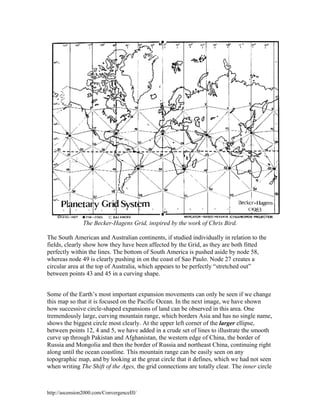 The Becker-Hagens Grid, inspired by the work of Chris Bird.
The South American and Australian continents, if studied individually in relation to the
fields, clearly show how they have been affected by the Grid, as they are both fitted
perfectly within the lines. The bottom of South America is pushed aside by node 58,
whereas node 49 is clearly pushing in on the coast of Sao Paulo. Node 27 creates a
circular area at the top of Australia, which appears to be perfectly “stretched out”
between points 43 and 45 in a curving shape.
Some of the Earth’s most important expansion movements can only be seen if we change
this map so that it is focused on the Pacific Ocean. In the next image, we have shown
how successive circle-shaped expansions of land can be observed in this area. One
tremendously large, curving mountain range, which borders Asia and has no single name,
shows the biggest circle most clearly. At the upper left corner of the larger ellipse,
between points 12, 4 and 5, we have added in a crude set of lines to illustrate the smooth
curve up through Pakistan and Afghanistan, the western edge of China, the border of
Russia and Mongolia and then the border of Russia and northeast China, continuing right
along until the ocean coastline. This mountain range can be easily seen on any
topographic map, and by looking at the great circle that it defines, which we had not seen
when writing The Shift of the Ages, the grid connections are totally clear. The inner circle

http://ascension2000.com/ConvergenceIII/

 