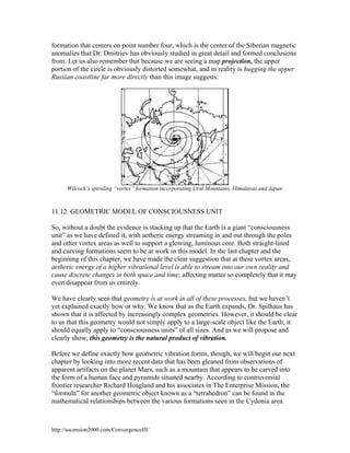 formation that centers on point number four, which is the center of the Siberian magnetic
anomalies that Dr. Dmitriev has obviously studied in great detail and formed conclusions
from. Let us also remember that because we are seeing a map projection, the upper
portion of the circle is obviously distorted somewhat, and in reality is hugging the upper
Russian coastline far more directly than this image suggests:

Wilcock’s spiraling “vortex” formation incorporating Ural Mountains, Himalayas and Japan

11.12 GEOMETRIC MODEL OF CONSCIOUSNESS UNIT
So, without a doubt the evidence is stacking up that the Earth is a giant “consciousness
unit” as we have defined it, with aetheric energy streaming in and out through the poles
and other vortex areas as well to support a glowing, luminous core. Both straight-lined
and curving formations seem to be at work in this model. In the last chapter and the
beginning of this chapter, we have made the clear suggestion that at these vortex areas,
aetheric energy of a higher vibrational level is able to stream into our own reality and
cause discrete changes in both space and time, affecting matter so completely that it may
even disappear from us entirely.
We have clearly seen that geometry is at work in all of these processes, but we haven’t
yet explained exactly how or why. We know that as the Earth expands, Dr. Spilhaus has
shown that it is affected by increasingly complex geometries. However, it should be clear
to us that this geometry would not simply apply to a large-scale object like the Earth; it
should equally apply to “consciousness units” of all sizes. And as we will propose and
clearly show, this geometry is the natural product of vibration.
Before we define exactly how geometric vibration forms, though, we will begin our next
chapter by looking into more recent data that has been gleaned from observations of
apparent artifacts on the planet Mars, such as a mountain that appears to be carved into
the form of a human face and pyramids situated nearby. According to controversial
frontier researcher Richard Hoagland and his associates in The Enterprise Mission, the
“formula” for another geometric object known as a “tetrahedron” can be found in the
mathematical relationships between the various formations seen in the Cydonia area.

http://ascension2000.com/ConvergenceIII/

 
