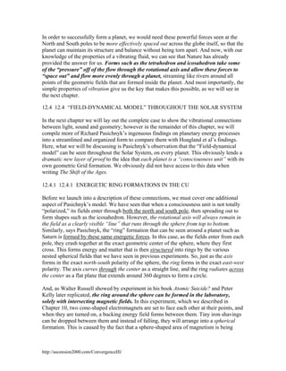 In order to successfully form a planet, we would need these powerful forces seen at the
North and South poles to be more effectively spaced out across the globe itself, so that the
planet can maintain its structure and balance without being torn apart. And now, with our
knowledge of the properties of a vibrating fluid, we can see that Nature has already
provided the answer for us. Forms such as the tetrahedron and icosahedron take some
of the “pressure” off of the flow through the rotational axis and allow these forces to
“space out” and flow more evenly through a planet, streaming like rivers around all
points of the geometric fields that are formed inside the planet. And most importantly, the
simple properties of vibration give us the key that makes this possible, as we will see in
the next chapter.
12.4 12.4 “FIELD-DYNAMICAL MODEL” THROUGHOUT THE SOLAR SYSTEM
In the next chapter we will lay out the complete case to show the vibrational connections
between light, sound and geometry; however in the remainder of this chapter, we will
compile more of Richard Pasichnyk’s ingenuous findings on planetary energy processes
into a streamlined and organized form to compare them with Hoagland et al’s findings.
Here, what we will be discussing is Pasichnyk’s observation that the “Field-dynamical
model” can be seen throughout the Solar System, on every planet. This obviously lends a
dramatic new layer of proof to the idea that each planet is a “consciousness unit” with its
own geometric Grid formation. We obviously did not have access to this data when
writing The Shift of the Ages.
12.4.1 12.4.1 ENERGETIC RING FORMATIONS IN THE CU
Before we launch into a description of these connections, we must cover one additional
aspect of Pasichnyk’s model. We have seen that when a consciousness unit is not totally
“polarized,” its fields enter through both the north and south pole, then spreading out to
form shapes such as the icosahedron. However, the rotational axis will always remain in
the field as a clearly visible “line” that runs through the sphere from top to bottom.
Similarly, says Pasichnyk, the “ring” formation that can be seen around a planet such as
Saturn is formed by these same energetic forces. In this case, as the fields enter from each
pole, they crash together at the exact geometric center of the sphere, where they first
cross. This forms energy and matter that is then structured into rings by the various
nested spherical fields that we have seen in previous experiments. So, just as the axis
forms in the exact north-south polarity of the sphere, the ring forms in the exact east-west
polarity. The axis curves through the center as a straight line, and the ring radiates across
the center as a flat plane that extends around 360 degrees to form a circle.
And, as Walter Russell showed by experiment in his book Atomic Suicide? and Peter
Kelly later replicated, the ring around the sphere can be formed in the laboratory,
solely with intersecting magnetic fields. In this experiment, which we described in
Chapter 10, two cone-shaped electromagnets are set to face each other at their points, and
when they are turned on, a bucking energy field forms between them. Tiny iron shavings
can be dropped between them and instead of falling, they will arrange into a spherical
formation. This is caused by the fact that a sphere-shaped area of magnetism is being

http://ascension2000.com/ConvergenceIII/

 