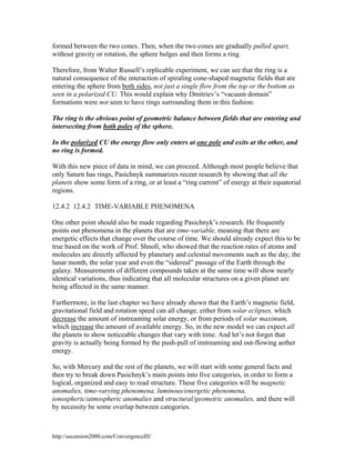 formed between the two cones. Then, when the two cones are gradually pulled apart,
without gravity or rotation, the sphere bulges and then forms a ring.
Therefore, from Walter Russell’s replicable experiment, we can see that the ring is a
natural consequence of the interaction of spiraling cone-shaped magnetic fields that are
entering the sphere from both sides, not just a single flow from the top or the bottom as
seen in a polarized CU. This would explain why Dmitriev’s “vacuum domain”
formations were not seen to have rings surrounding them in this fashion:
The ring is the obvious point of geometric balance between fields that are entering and
intersecting from both poles of the sphere.
In the polarized CU the energy flow only enters at one pole and exits at the other, and
no ring is formed.
With this new piece of data in mind, we can proceed. Although most people believe that
only Saturn has rings, Pasichnyk summarizes recent research by showing that all the
planets show some form of a ring, or at least a “ring current” of energy at their equatorial
regions.
12.4.2 12.4.2 TIME-VARIABLE PHENOMENA
One other point should also be made regarding Pasichnyk’s research. He frequently
points out phenomena in the planets that are time-variable, meaning that there are
energetic effects that change over the course of time. We should already expect this to be
true based on the work of Prof. Shnoll, who showed that the reaction rates of atoms and
molecules are directly affected by planetary and celestial movements such as the day, the
lunar month, the solar year and even the “sidereal” passage of the Earth through the
galaxy. Measurements of different compounds taken at the same time will show nearly
identical variations, thus indicating that all molecular structures on a given planet are
being affected in the same manner.
Furthermore, in the last chapter we have already shown that the Earth’s magnetic field,
gravitational field and rotation speed can all change, either from solar eclipses, which
decrease the amount of instreaming solar energy, or from periods of solar maximum,
which increase the amount of available energy. So, in the new model we can expect all
the planets to show noticeable changes that vary with time. And let’s not forget that
gravity is actually being formed by the push-pull of instreaming and out-flowing aether
energy.
So, with Mercury and the rest of the planets, we will start with some general facts and
then try to break down Pasichnyk’s main points into five categories, in order to form a
logical, organized and easy to read structure. These five categories will be magnetic
anomalies, time-varying phenomena, luminous/energetic phenomena,
ionospheric/atmospheric anomalies and structural/geometric anomalies, and there will
by necessity be some overlap between categories.

http://ascension2000.com/ConvergenceIII/

 