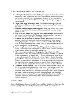 12.6.5 STRUCTURAL / GEOMETRIC ANOMALIES
1. Polar regions hotter than equator. The hot polar regions are obviously a surprise
to scientists; if the Sun were the only source of heat for a planet we would expect
the greatest temperatures to be at the equator. However, the idea of a Sun-like
internal energy source that is fed from streaming energy at the poles suggests such
an observation.
2. “Polar collar cloud” exists at the poles. This cloud formation shows the entry
and exit points of the surrounding energy as it streams into the planet’s core from
the poles.
3. Gravity or planetary waves from mid-latitudes. These gravitational forces show
us that the anomalies of the icosahedral formation on Earth can occur on other
planets as well.
4. Heat waves, jets, particle flow and wind shear at mid-latitudes. Beginning with
the work of Ivan Sanderson, all of these types of phenomena have been seen on
the Earth, corresponding to the icosahedral geometry.
5. Upwardly directed lightning at 30 degree latitude. A land form with volcanic
peaks at 30 degrees South latitude known as Aphrodite Terra shows upwardmoving lightning that is clustered near the peaks Beta and Alta. These flashes
were not correlated with volcanic activity. Again we can see how powerfully the
energy is emanating from these points.
6. Deep atmosphere cooler at equator than 30-degree latitudes. This observation
occurs when we dip below 40 kilometers or 25 miles in the Venusian atmosphere,
and obviously contradicts current planetary models.
7. Time-varying geometric features along equator. Especially in ultraviolet
photographs of Venus, dark shapes including a sideways, geometric “Y”-shaped
feature are seen along the equator. The “Y” feature has been observed to last for
weeks and reappear in four-day intervals of time. We know that this feature has
persisted at the same longitude for at least decades. These formations are situated
between the two 45-degree latitudes and are about 1,000 km/600 miles in length,
moving with apparent angular motion at the equator. [Note: Each node point of
the dodecahedron is comprised of three lines that form into the shape of a “Y.”]
8. Anomalous tectonic features. Venus has a crust that is believed to be too thin and
hot for the conventional plate tectonics model to work there. However, there are
indeed tectonic features, fractures that are at nearly right angles known as
transform faults, and rift valleys. Venus also has a canyon that is much larger than
the Grand Canyon on Earth, and it is right along the equator. In conventional
tectonic models, the surface of Venus is expected to be relatively smooth. These
anomalies suggest the expansion hypothesis and the geometry of the Fields
working in tandem.
12.7 12.7 MARS
Earth is the third planet from the Sun after Venus, and Mars is the fourth. Mars is also the
seventh largest planet in the Solar System. Its diameter is 6,794 km, and its mass is

http://ascension2000.com/ConvergenceIII/

 