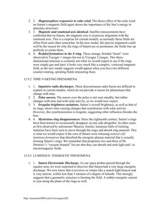 2. 2. Magnetosphere responsive to solar wind. The direct effect of the solar wind
on Saturn’s magnetic field again shows the importance of the Sun’s energy in
planetary processes.
3. 3. Magnetic and rotational axis identical. Satellite measurements have
confirmed that on Saturn, the magnetic axis is in precise alignment with the
rotational axis. This is a surprise for current models, as normally these fields are
offset from each other somewhat. In the new model, this precise alignment could
well be the reason for why the rings of Saturn are so prominent; the fields line up
perfectly to create them.
4. 4. Braided formations in the F-ring. These strange, braided “knots” were
observed in Voyager 1 images but not in Voyager 2 images. This threedimensional structure is certainly not what we would expect to see if the rings
were simply gas and dust; it looks very much like a complex, vortexual magnetic
field, as the new model suggests would appear when you have two different
counter-rotating, spiraling fields interacting there.
12.9.2 TIME-VARYING PHENOMENA
1. 1. Impulsive radio discharges. These discontinuous radio bursts are difficult to
explain in current models, which do not provide a reason for phenomena that
change with time.
2. 2. Polar aurora. The aurora over the poles is not seen steadily, but rather
changes with time and with solar activity, as we would now expect.
3. 3. Irregular brightness variations. Saturn’s overall brightness, as well as that of
its rings, shows time-varying changes that synchronize with solar activity.
However, this synchronization is irregular, suggesting other influences besides the
Sun.
4. 4. Mysterious ring disappearances. Since the eighteenth century, Saturn’s rings
have been known to occasionally disappear on one side altogether. In other cases,
as first observed by astronomer Maurice Ainslie, luminous balls of ionizing
radiation have been seen to move through the rings and absorb ring material. This
is what we would expect if the core of Saturn were releasing natural selfluminous formations that absorbed the energetic plasma material that is actually
forming Saturn’s rings. We remember that properties two and three of Dr.
Dmitriev’s “vacuum domain” list are that they can absorb and emit light and / or
electromagnetic fields.
12.9.3 LUMINOUS / ENERGETIC PHENOMENA
1. 1. Saturn Electrostatic Discharge. As our space probes passed through the
equator area, we were surprised to discover that Saturn had a very large energetic
discharge. We now know that it revolves or rotates like a search-light beacon and
is very narrow, within less than 5 minutes of a degree of latitude. This strongly
suggests that a geometric structure is forming the field. A stabler energetic current
is seen along the plane of the rings as well.

http://ascension2000.com/ConvergenceIII/

 