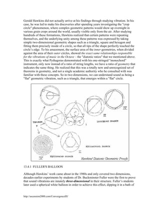 Gerald Hawkins did not actually arrive at his findings through studying vibration. In his
case, he was led to make his discoveries after spending years investigating the "crop
circle" phenomenon, where complex geometric patterns would show up overnight in
various grain crops around the world, usually visible only from the air. After studying
hundreds of these formations, Hawkins realized that certain patterns were repeating
themselves, and the underlying unity among these patterns was expressed by taking
simple two-dimensional geometric shapes such as a triangle, square and hexagon and
fitting them precisely inside of a circle, so that all tips of the shape perfectly touched the
circle’s edge. To his amazement, the surface area of the inner geometries, when divided
against the area of their outer circles, showed the exact same relationships responsible
for the vibrations of music in the Octave – the "diatonic ratios" that we mentioned above.
This is exactly what Pythagoras demonstrated with his one-stringed “monochord”
instrument, only now instead of a ratio of string lengths, we have a ratio of geometry that
indicates the same thing. He realized that this was a totally new and unrecognized set of
theorems in geometry, and not a single academic authority who he consulted with was
familiar with these concepts. So in two dimensions, we can understand sound as being a
"flat" geometric vibration, such as a triangle, that emerges within a "flat" circle.

13.4.1 FULLER'S BALLOON
Although Hawkins’ work came about in the 1980s and only covered two dimensions,
decades-earlier experiments by students of Dr. Buckminster Fuller were the first to prove
that sound vibrations are innately three-dimensional in their structure. Fuller’s students
later used a spherical white balloon in order to achieve this effect, dipping it in a bath of

http://ascension2000.com/ConvergenceIII/

 