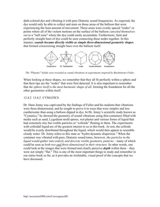 dark-colored dye and vibrating it with pure Diatonic sound frequencies. As expected, the
dye would only be able to collect and stain on those areas of the balloon that were
experiencing the least amount of movement. These areas were evenly spaced "nodes" or
points where all of the violent motions on the surface of the balloon canceled themselves
out to a "null zone" where the dye could easily accumulate. Furthermore, faint and
perfectly straight lines of dye could be seen connecting these nodes together. In this
manner, sounds became directly visible as simple three-dimensional geometric shapes
that formed crisscrossing straight lines over the balloon itself.

The "Platonic" Solids were revealed as sound vibrations in experiments inspired by Buckminster Fuller.

When looking at these shapes, we remember that they all fit perfectly within a sphere and
that their tips are the “nodes” that were first detected. It is also important to remember
that the sphere itself is the most harmonic shape of all, forming the foundation for all the
other geometries within itself.
13.4.2 13.4.2 CYMATICS
Dr. Hans Jenny was captivated by the findings of Fuller and his students that vibrations
were three-dimensional, and he sought to prove it in ways that were simpler and less
cumbersome than using a balloon dipped in dye. In Dr. Jenny’s scientific study known as
"Cymatics," he showed the geometry of sound vibrations using thin containers filled with
media such as sand, Lygodium mold spores, wet plaster and various forms of liquid that
had extremely tiny but visible particles or “colloids” floating in them. The experiments
with colloidal liquid are of the greatest interest to us in this book. At rest, the colloids
would be evenly distributed throughout the liquid, which would then appear to resemble
cloudy water. Dr. Jenny refers to this state as “hydro-dynamic dispersion.” When the
container was vibrated with pure, Diatonic sound tones, however, the particles in the
liquid would gather into orderly and discrete visible geometric patterns – many of which
could be seen as both two and three-dimensional in their structure. In other words, one
could look at the images that were formed and clearly perceive depth within them – they
were not simply "flat." This is one of the most important things to study and remember in
our entire book so far, as it provides an irrefutable, visual proof of the concepts that we
have discussed.

http://ascension2000.com/ConvergenceIII/

 