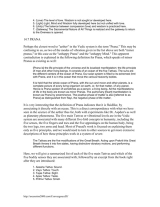 4. (Love) The level of love. Wisdom is not sought or developed here.
5. (Light) Light, Mind and Wisdom fully developed here but not unified with love.
6. (Unity) The balance between compassion (love) and wisdom is practiced here.
7. (Gateway) The Sacramental Nature of All Things is realized and the gateway to return
to the Oneness is opened.

14.7 PRANA
Perhaps the closest word to "aether" in the Vedic system is the term "Prana." This may be
confusing to us, as two of the modes of vibration given in the list above are both "minor
pranas," in this case as the "unhappy Prana" and the "unhappy Mind." This apparent
contradiction is explained in the following definition for Prana, which speaks of minor
Pranas as existing as well:
[Prana is] the life principle of the universe and its localized manifestation; the life principle
of man and other living beings. It consists of an ocean of the five Tattvas. The suns are
the different centers of the ocean of Prana. Our solar system is filled to its extremest limit
with Prana, and it is in this ocean that move the various heavenly bodies.
It is held that the whole ocean of Prana, with the sun and moon and other planets, is a
complete picture of every living organism on earth, or, for that matter, of any planet.
Hence is Prana spoken of sometimes as a person, a living being. All the manifestations
of life in the body are known as minor Pranas. The pulmonary [heart] manifestation is
known as Prana by preeminence. The positive phase of matter is also [referred to as
Prana] as distinguished from Rayi, the negative phase of life matter.

It is very interesting that the definition of Prana indicates that it is fluidlike, by
associating it directly with an ocean. This is a direct correspondence with what we have
seen in the science of the aether thus far, both with experiments like Dr. Aspden's as well
as planetary phenomena. The five main Tattvas or vibrational levels are in the Vedic
system are associated with many different five-fold concepts in humanity, including the
five senses, the five fingers and toes and the five appendages on the human body, being
the two legs, two arms and head. Most of Prasad's work is focused on explaining them
only as five principles, and we would need to turn to other sources to get more extensive
descriptions of how these principles work in a system of seven:
The Tattvas are the five modifications of the Great Breath. Acting upon Prakriti this Great
Breath throws it into five states, having distinctive vibratory motions, and performing
different functions.

Here, we will give a summarized list of each of the five main Tattvas and which of the
five bodily senses they are associated with, followed by an excerpt from the book right
after they are introduced:
1. Akasha Tattva: Sound.
2. Vayu Tattva: Touch.
3. Tejas Tattva: Sight.
4. Apas Tattva: Taste.
5. Prithivi Tattva: Smell.

http://ascension2000.com/ConvergenceIII/

 