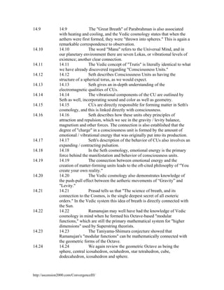 14.9

14.10

14.11
14.12
14.13
14.14
14.15
14.16

14.17
14.18
14.19

14.20

14.21

14.22

14.23

14.24

14.9
The "Great Breath" of Parabrahman is also associated
with heating and cooling, and the Vedic cosmology states that when the
aethers were first formed, they were "thrown into spheres." This is again a
remarkable correspondence to observation.
14.10
The word "Manu" refers to the Universal Mind, and in
our planetary environment there are seven Lokas, or vibrational levels of
existence; another clear connection.
14.11
The Vedic concept of "Trutis" is literally identical to what
we have already discovered regarding "Consciousness Units."
14.12
Seth describes Consciousness Units as having the
structure of a spherical torus, as we would expect.
14.13
Seth gives an in-depth understanding of the
electromagnetic qualities of CUs.
The vibrational components of the CU are outlined by
14.14
Seth as well, incorporating sound and color as well as geometry.
14.15
CUs are directly responsible for forming matter in Seth's
cosmology, and this is linked directly with consciousness.
14.16
Seth describes how these units obey principles of
attraction and repulsion, which we see in the gravity / levity balance,
magnetism and other forces. The connection is also established that the
degree of "charge" in a consciousness unit is formed by the amount of
emotional / vibrational energy that was originally put into its production.
14.17
Seth's description of the behavior of CUs also involves an
expanding / contracting pulsation.
14.18
In the Seth cosmology, emotional energy is the primary
force behind the manifestation and behavior of consciousness units.
14.19
The connection between emotional energy and the
creation of matter-forming units leads to the oft-cited philosophy of "You
create your own reality."
14.20
The Vedic cosmology also demonstrates knowledge of
the push-pull effect between the aetheric movements of “Gravity” and
"Levity."
14.21
Prasad tells us that "The science of breath, and its
connection to the Cosmos, is the single deepest secret of all esoteric
orders." In the Vedic system this idea of breath is directly connected with
the Sun.
14.22
Ramanujan may well have had the knowledge of Vedic
cosmology in mind when he formed his Octave-based "modular
functions," which are still the primary mathematical system for "higher
dimensions" used by Superstring theorists.
The Taniyama-Shimura conjecture showed that
14.23
Ramanujan's "modular functions" can be mathematically connected with
the geometric forms of the Octave.
14.24
We again review the geometric Octave as being the
sphere, central icosahedron, octahedron, star tetrahedron, cube,
dodecahedron, icosahedron and sphere.

http://ascension2000.com/ConvergenceIII/

 